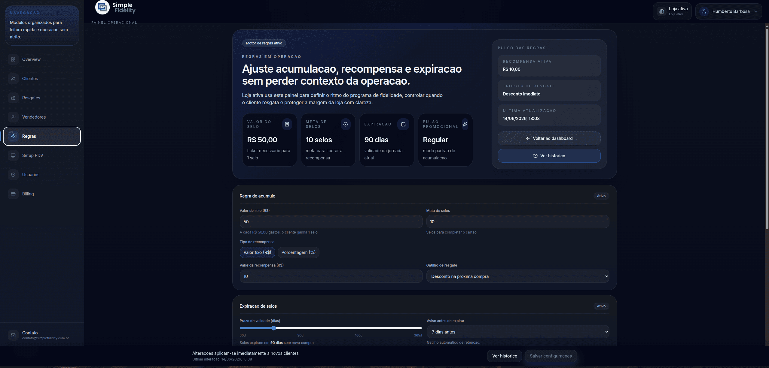 Configuração de regras de fidelidade do Simple Fidelity no painel administrativo